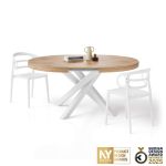 Tavolo Allungabile Rotondo Emma, 120-160 cm, Rovere Rustico con gambe Incrociate Bianche