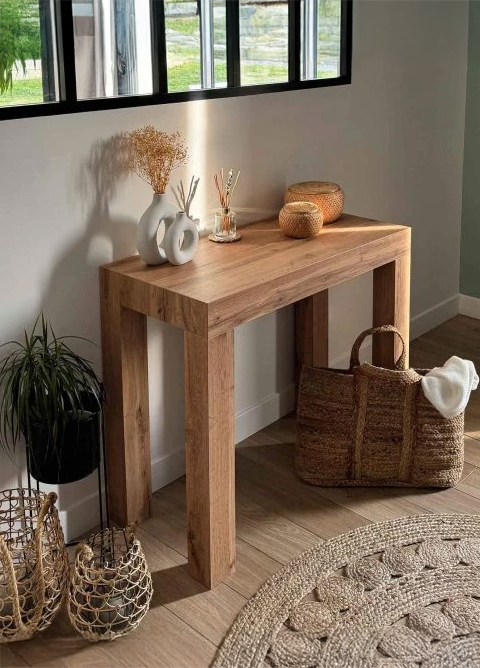 Skraut Home | Consolle allungabile | Tavolo consolle allungabile | 160 | Per 8 persone | Gambe in legno | Stile moderno | Rovere e bianco