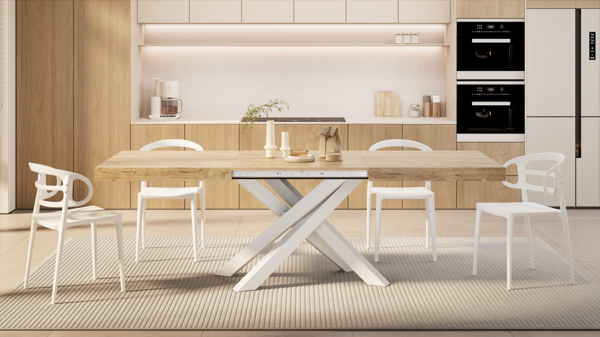 Emma 55.11(86.6)x35.4 in Extendable Table, Oak with White Crossed Legs