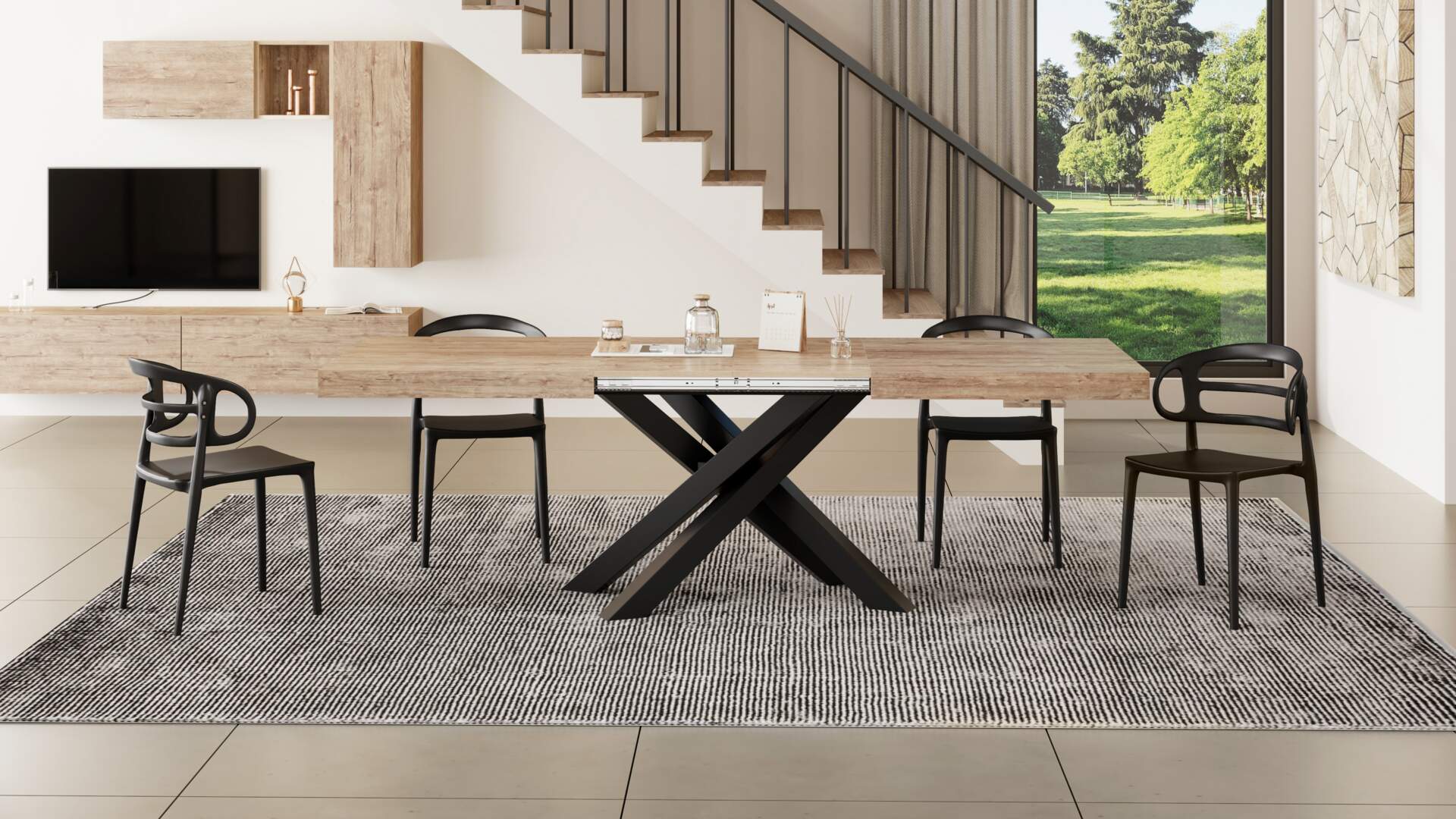 Emma 55.11(86.6)x35.4 in Extendable Table, Oak with Black Crossed Legs