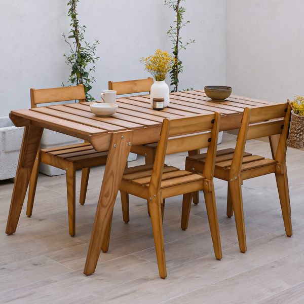 Elena Garden Set in Teak Color Wood, Table (63x31.5 inches) And 4 Chairs detail image 4