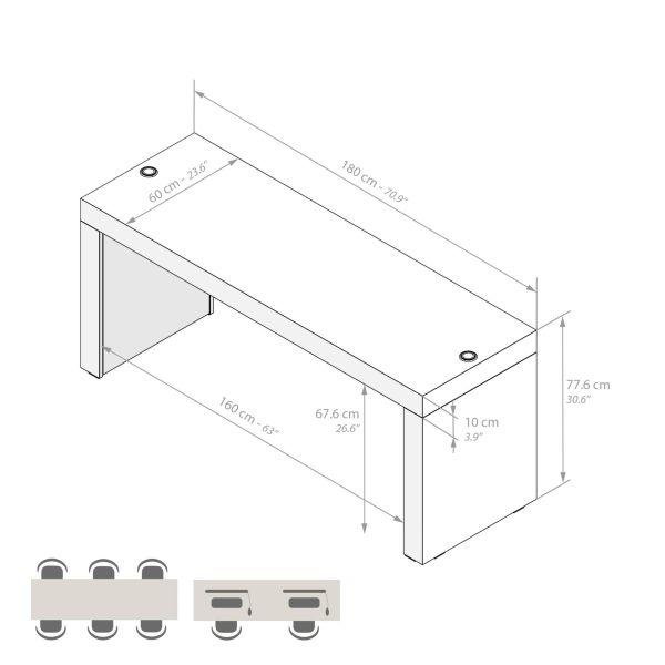 Evolution dining table 70.9 x 23.6 in, with Wireless Charger, Concrete Effect, Grey with Two Legs technical image 1