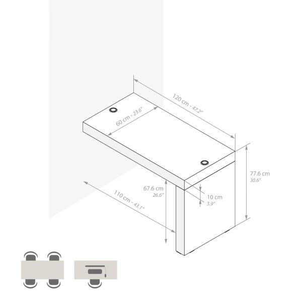 Evolution dining table 47.2 x 23.6 in, with Wireless Charger, Ashwood White with One Leg technical image 1