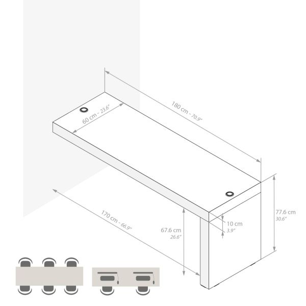 Evolution dining table 70.9 x 23.6 in, with Wireless Charger, Ashwood Black with One Leg technical image 1