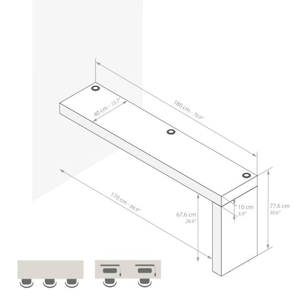 Evolution dining table 70.9 x 15.7 in, with Wireless Charger, Ashwood White with One Leg technical image 1