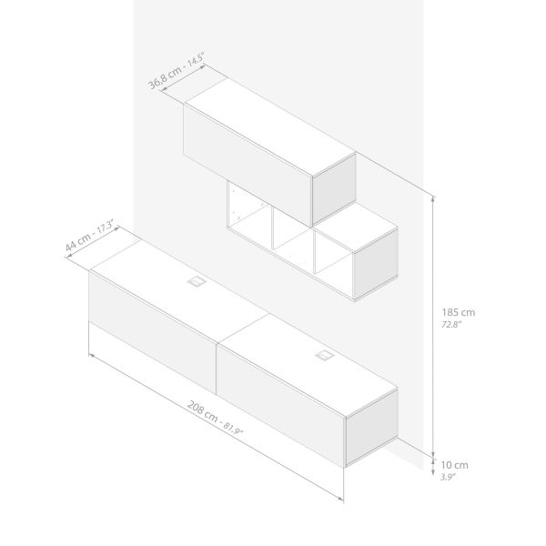 Easy Living Room Wall Unit 3, Rustic Oak, 81.9x17.3x72.8 in technical image 1