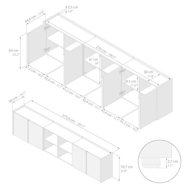 Romina Low Sideboard (107.71x14.17x27.55 in), 4 Doors, Light Oak technical image 1