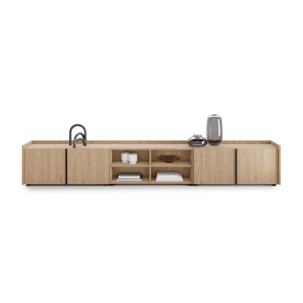 Romina Low Sideboard (107.71x14.17x17.32 in), 4 Doors, Light Oak