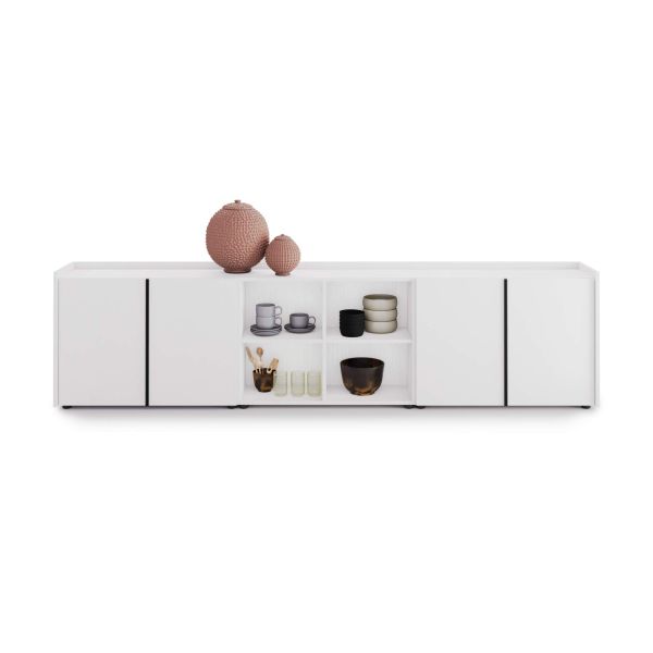 Romina Low Sideboard (107.71x14.17x27.55 in), 4 Doors, Ashwood White