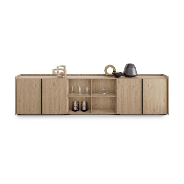 Romina Low Sideboard (107.71x14.17x27.55 in), 4 Doors, Light Oak