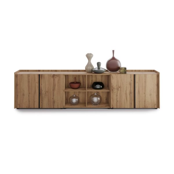 Romina Low Sideboard (107.71x14.17x27.55 in), 4 Doors, Rustic Oak
