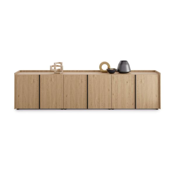 Romina Low Sideboard (107.71x14.17x27.55 in), 6 Doors, Light Oak