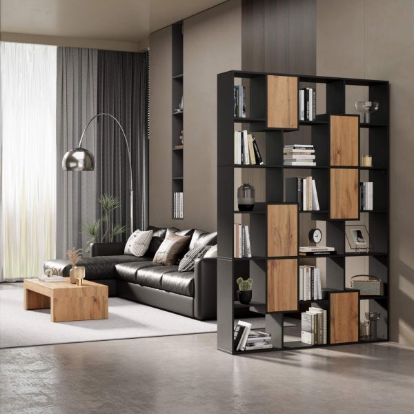 Iacopo XXL Bookcase Ashwood Black with Rustic Oak Doors (190.0 x 93.1 in) set image 1