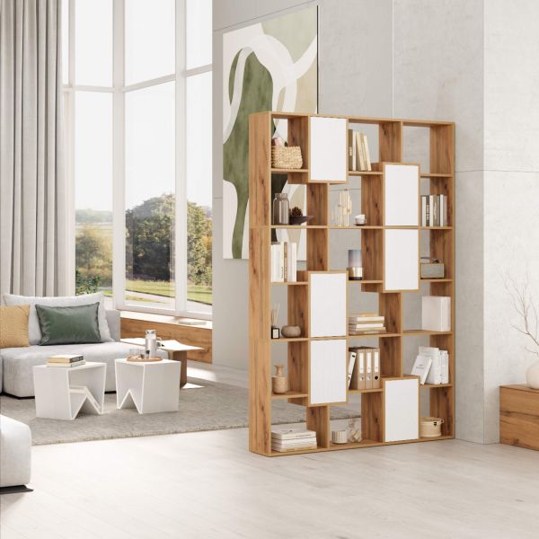 Iacopo L Bookcase Rustic Oak with Ashwood White Doors (63.3 x 123.8 in) set image 1