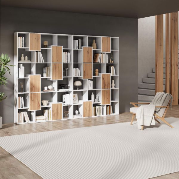 Iacopo L Bookcase Ashwood White with Rustic Oak Doors (63.3 x 123.8 in) set image 1