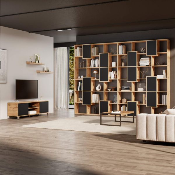 Iacopo S Bookcase Rustic Oak with Ashwood Black Doors (63.3 x 62.3 in) set image 1