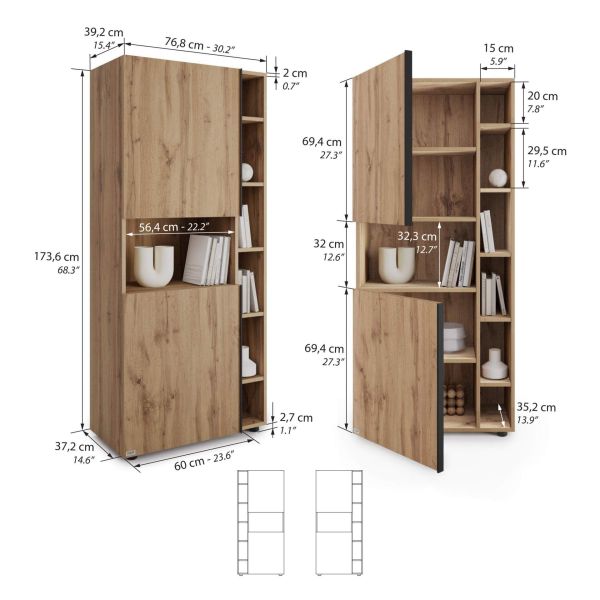 Romina Modular Bookcase (30.23 x 68.34 in), Rustic Oak technical image 1
