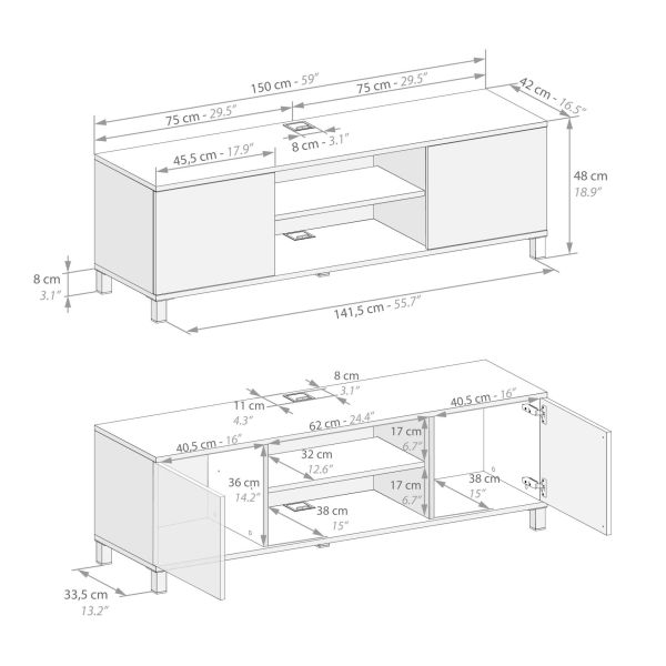 Rachele TV Stand, Ashwood White and Ashwood Black technical image 1