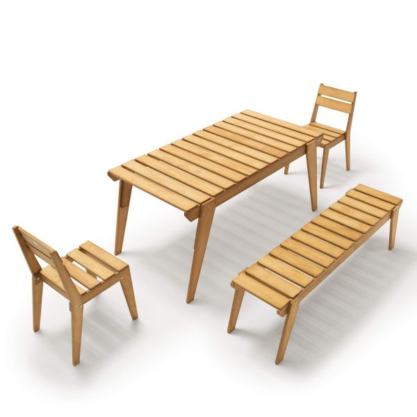 Elena Garden Set in Teak Color Wood, Table (63x31.5 inches), 2 Chairs And 1 Bench with Three Seats detail image 1