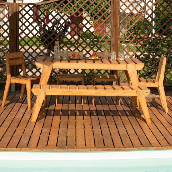 Elena Garden Set in Teak Color Wood, Table (63x31.5 inches), 2 Chairs And 1 Bench with Three Seats detail image 5