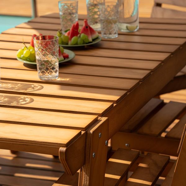 Elena Garden Set in Teak Color Wood, Table (63x31.5 inches), 2 Chairs And 1 Bench with Three Seats detail image 4