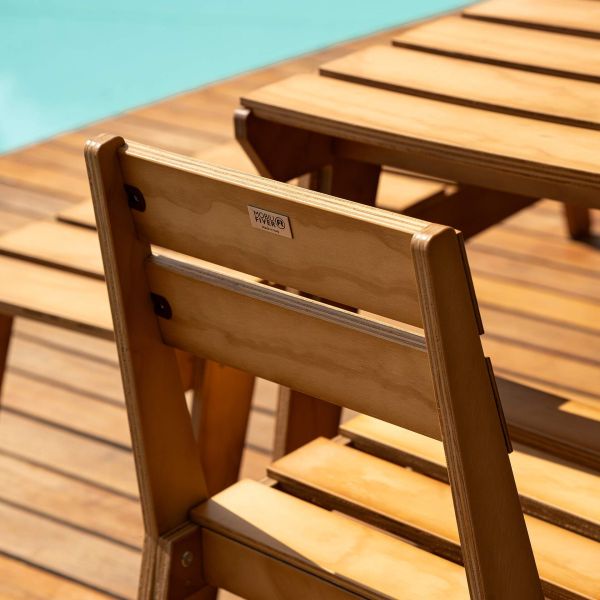Elena Garden Set in Teak Color Wood, Table (63x31.5 inches), 2 Chairs And 1 Bench with Three Seats detail image 6