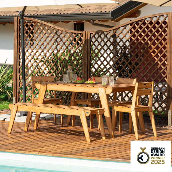 Elena Garden Set in Teak Color Wood, Table (63x31.5 inches), 2 Chairs And 1 Bench with Three Seats