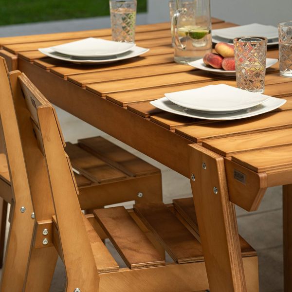 Elena Garden Set in Teak Color Wood, Table (63x31.5 inches) And 4 Chairs detail image 2