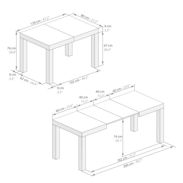 First Extendable Table, 47.2(78.7)x31.5 in, Ashwood Black technical image 1