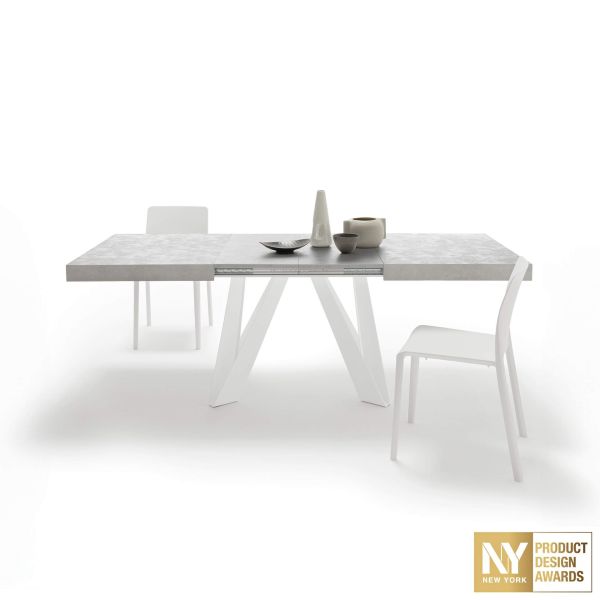 Romina Extendable Table 55.1(86.6)x35.4 in, Concrete Grey Effect with White Iron Legs