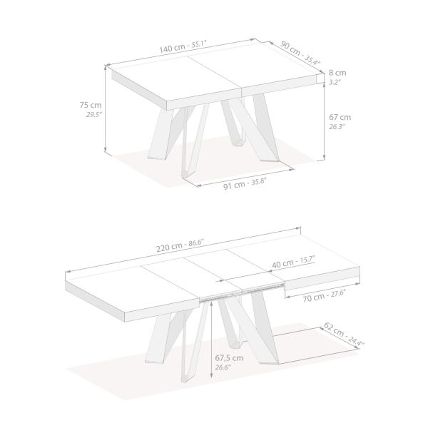 Romina Extendable Table 55.1(86.6)x35.4 in, Ashwood White with White Iron Legs technical image 1