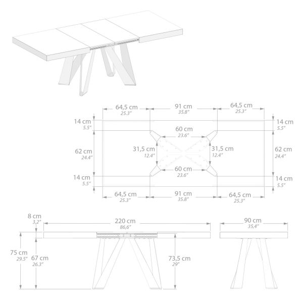 Romina Extendable Table 55.1(86.6)x35.4 in, Ashwood White with White Iron Legs technical image 3