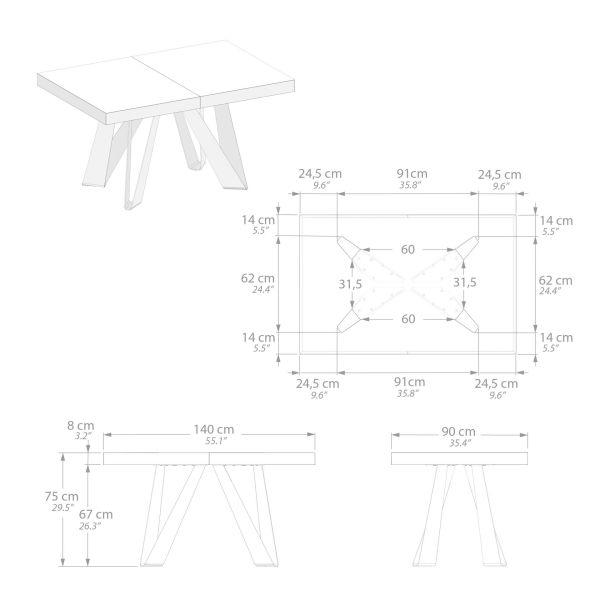 Romina Extendable Table 55.1(86.6)x35.4 in, Ashwood White with White Iron Legs technical image 2