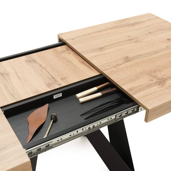 Romina Extendable Table 55.1(86.6)x35.4 in, Rustic Oak with Black Iron Legs detail image 1