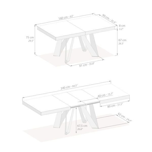 Romina Extendable Table 63(94.5)x35.4 in, Concrete Grey Effect with Black Iron Legs technical image 1