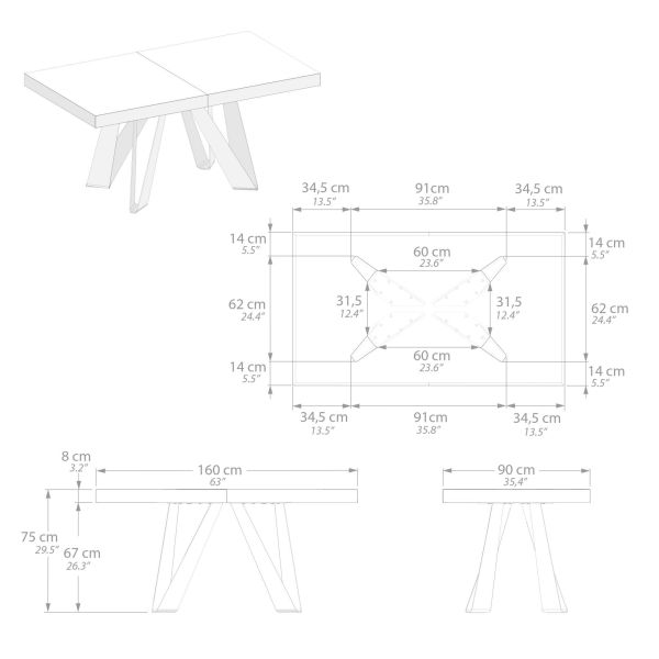 Romina Extendable Table 63(94.5)x35.4 in, Concrete Grey Effect with Black Iron Legs technical image 2