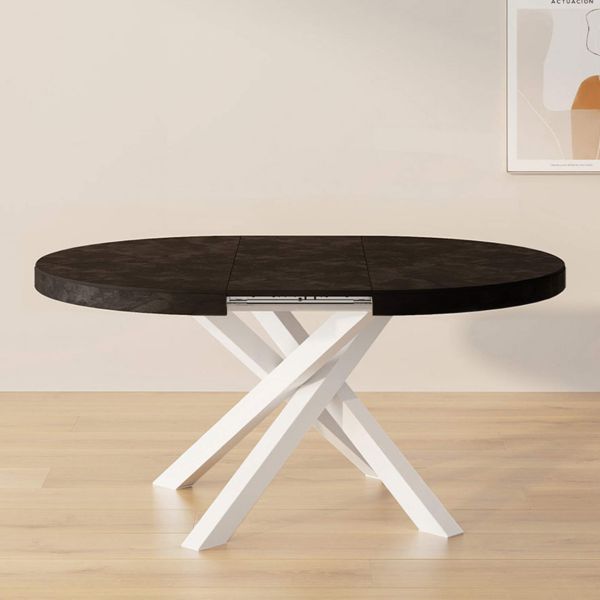 Emma Round Extendable Table, 47.2 - 63 in, Concrete Effect, Black with White crossed legs set image 1
