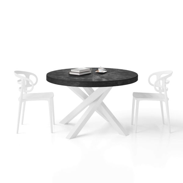 Emma Round Extendable Table, 47.2 - 63 in, Concrete Effect, Black with White crossed legs detail image 1