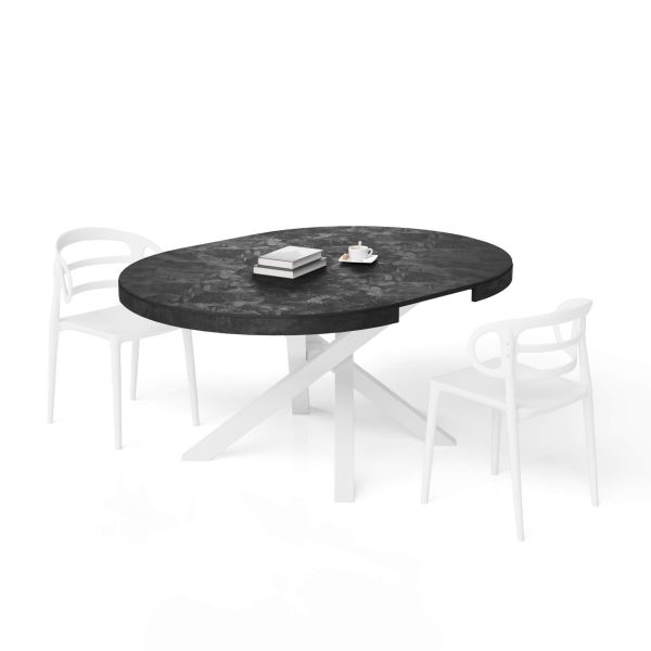 Emma Round Extendable Table, 47.2 - 63 in, Concrete Effect, Black with White crossed legs detail image 3