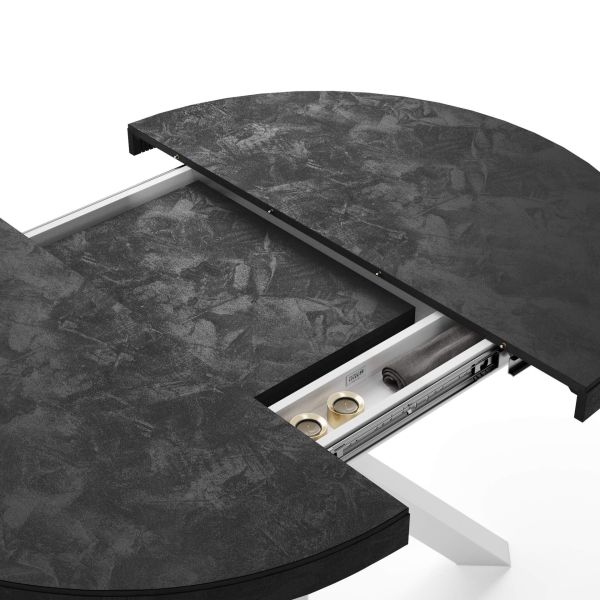 Emma Round Extendable Table, 47.2 - 63 in, Concrete Effect, Black with White crossed legs detail image 2