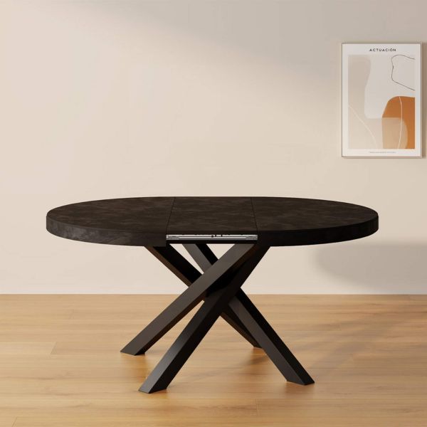 Emma Round Extendable Table, 47.2 - 63 in, Concrete Effect, Black with Black crossed legs set image 3