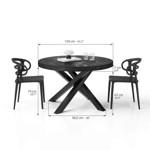 Emma Round Extendable Table, 47.2 - 63 in, Concrete Effect, Black with Black crossed legs technical image 1