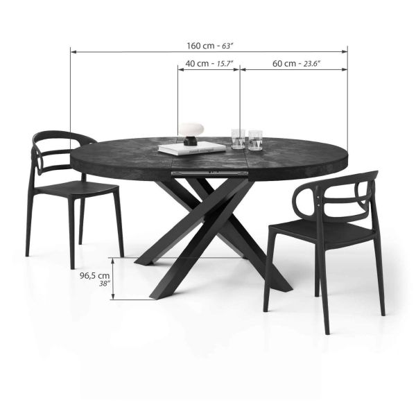 Emma Round Extendable Table, 47.2 - 63 in, Concrete Effect, Black with Black crossed legs technical image 2