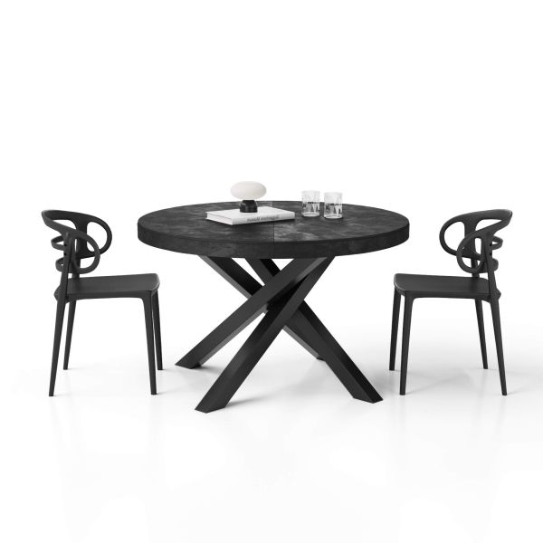 Emma Round Extendable Table, 47.2 - 63 in, Concrete Effect, Black with Black crossed legs detail image 1