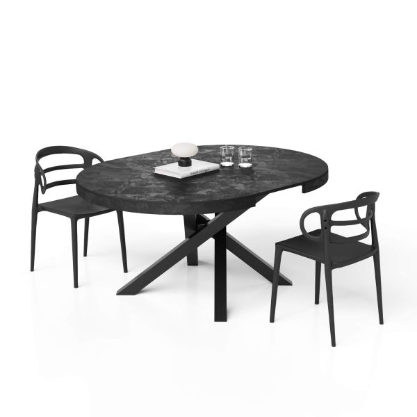 Emma Round Extendable Table, 47.2 - 63 in, Concrete Effect, Black with Black crossed legs detail image 3