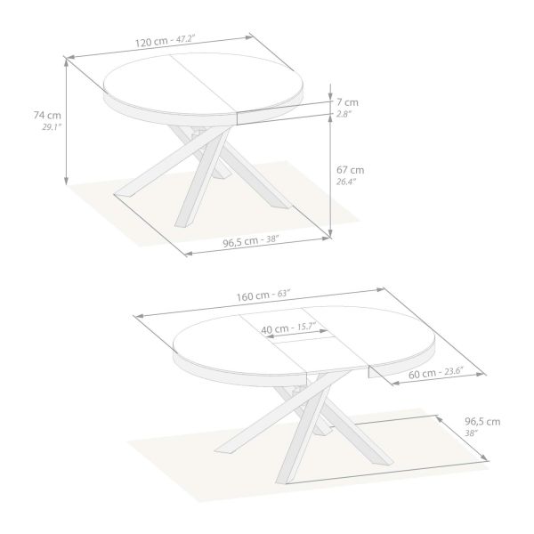 Emma Round Extendable Table, 47.2 - 63 in, Concrete Effect, Black with White crossed legs technical image 1