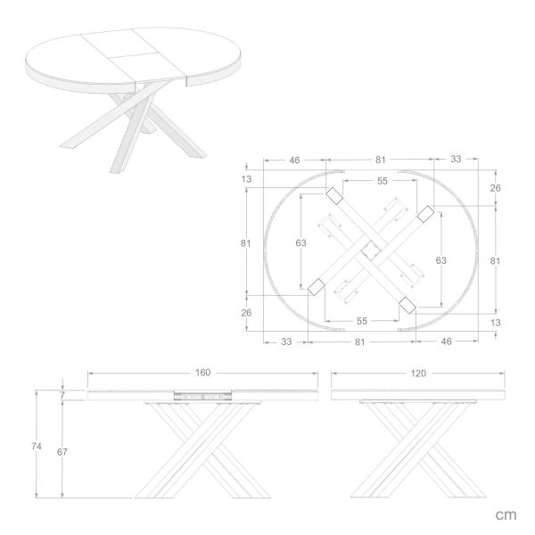 Emma Round Extendable Table, 47.2 - 63 in, Concrete Effect, Black with White crossed legs technical image 2