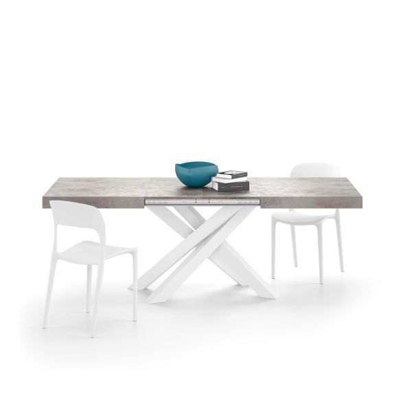 Emma 55.11(86.6)x35.4 in Extendable Table, Concrete Effect, Grey with White Crossed Legs