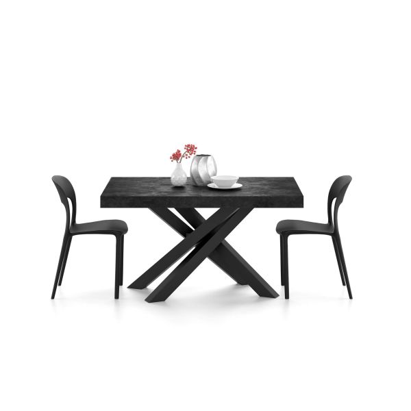 Emma 55.11(86.6)x35.4 in, Extendable Dining Table, Concrete Effect, Black with Black Crossed Legs detail image 1
