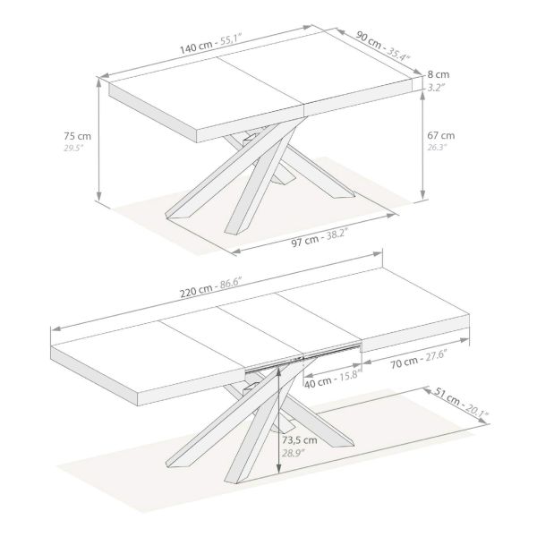 Emma 55.11(86.6)x35.4 in Extendable Table, Concrete Effect, Grey with White Crossed Legs technical image 1
